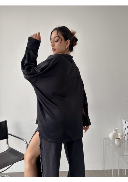 Kadın Oversize Saten GÖMLEK-SIYAH(1117)10 indirimleri