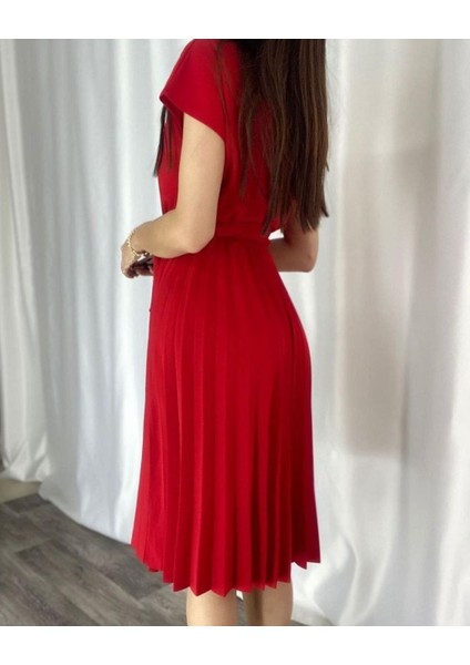 Eteği Pileli Beli Kuşaklı Krep Kumaş Elbise (Renk Seçenekli) fiyatları