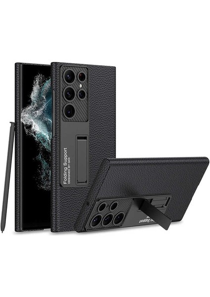 Samsung Galaxy S23 Ultra Kılıf Case Kalemlikli Standlı Deri Görünüm Siyah
