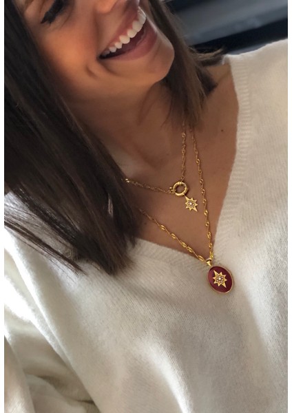 Kırmızı Mineli Kutup Yıldızı Fotoğraflı Gold Madalyon