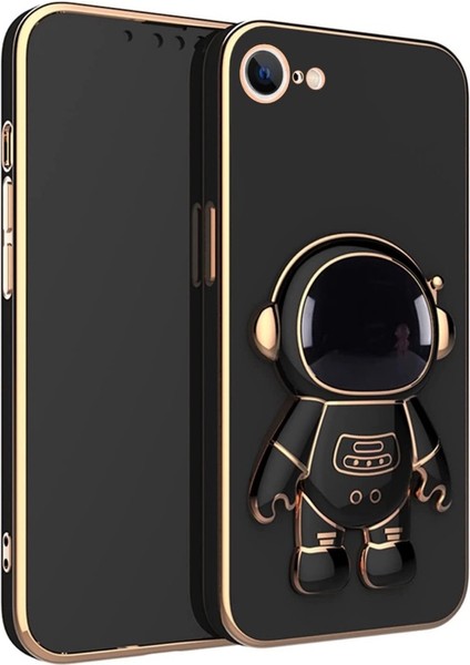 Apple iPhone 7 Kılıf Kamera Korumalı Astronot Desenli Standlı Silikon Siyah
