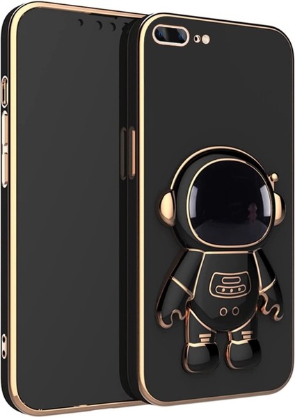 Apple iPhone 8 Plus Kılıf Kamera Korumalı Astronot Desenli Standlı Silikon Siyah