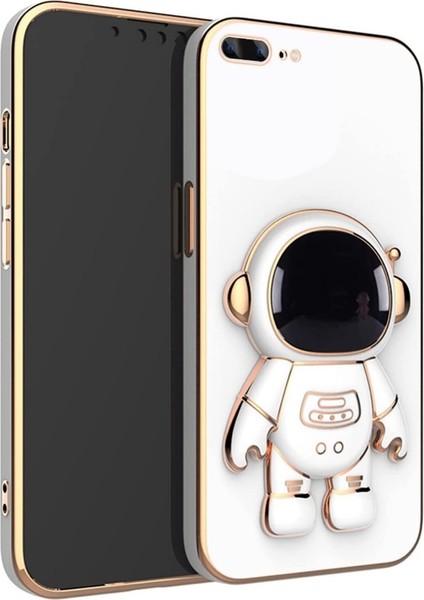 Apple iPhone 8 Plus Kılıf Kamera Korumalı Astronot Desenli Standlı Silikon Beyaz