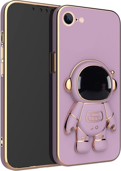 Apple iPhone Se 2022 Kılıf Case Kamera Korumalı Astronot Desenli Standlı Silikon Pembe