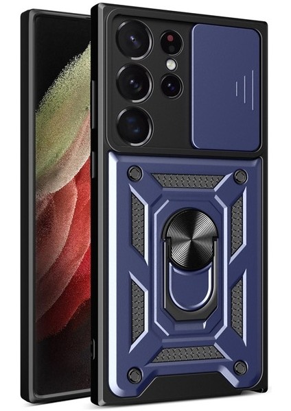 Casestreet Samsung Galaxy S23 Ultra Kılıf Case Sert Silikon Tank Aramid Sürgülü Vega Yüzüklü Lacivert