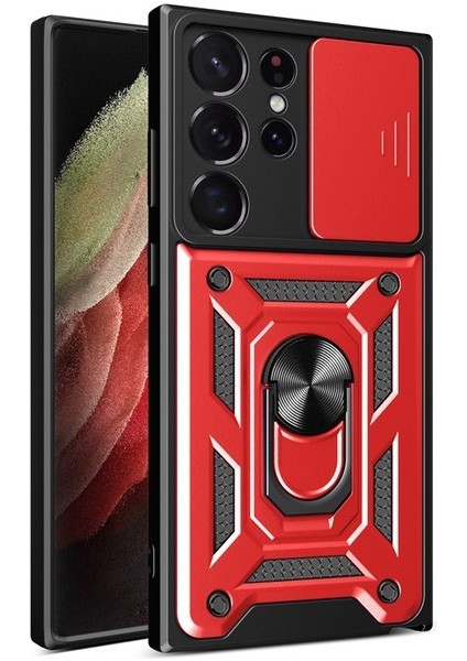 Casestreet Samsung Galaxy S23 Ultra Kılıf Case Sert Silikon Tank Aramid Sürgülü Vega Yüzüklü Kırmızı