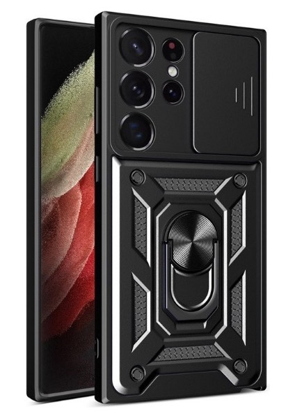 Casestreet Samsung Galaxy S23 Ultra Kılıf Case Sert Silikon Tank Aramid Sürgülü Vega Yüzüklü Siyah