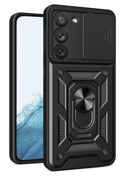 Samsung Galaxy S23 Plus Kılıf Case Sert Silikon Tank Aramid Sürgülü Vega Yüzüklü Siyah