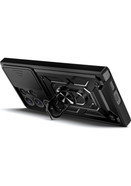 Samsung Galaxy S23 Plus Kılıf Case Sert Silikon Tank Aramid Sürgülü Vega Yüzüklü Siyah modelleri