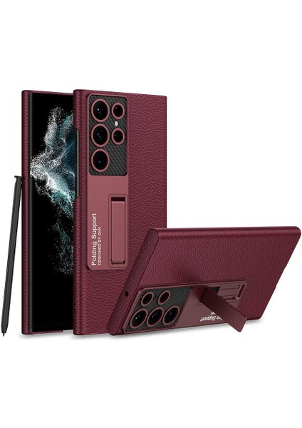 Samsung Galaxy S23 Ultra Kılıf Case Kalemlikli Standlı Deri Görünüm Mürdüm