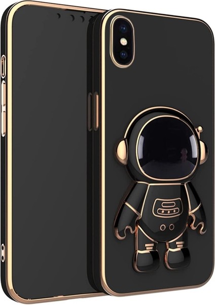 Apple iPhone Xr Kılıf Case Kamera Korumalı Astronot Desenli Standlı Silikon Siyah