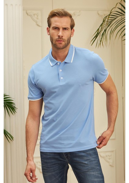 Erkek Slim Fit Düz Polo Yaka T-Shirt Mavi modelleri