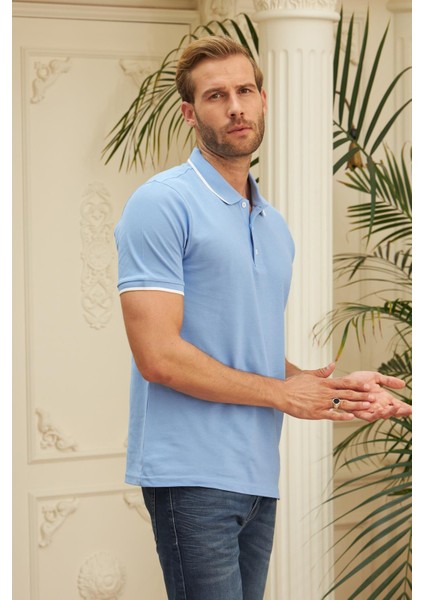 Erkek Slim Fit Düz Polo Yaka T-Shirt Mavi indirimleri