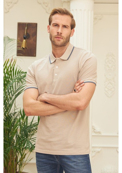 Erkek Slim Fit Düz Polo Yaka T-Shirt Bej
