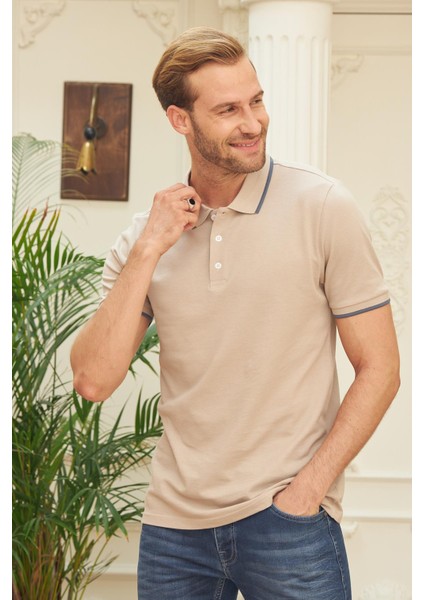 Erkek Slim Fit Düz Polo Yaka T-Shirt Bej fiyatları