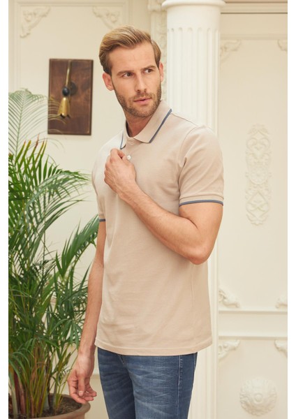 Erkek Slim Fit Düz Polo Yaka T-Shirt Bej fırsatları