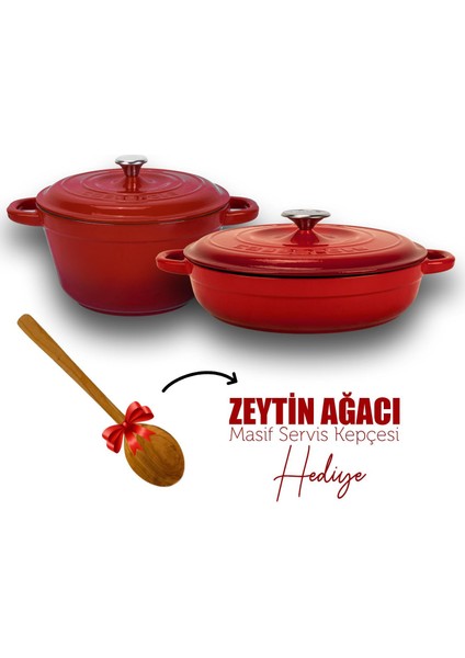 Döküm 2x New Heritage Serisi Döküm Demir Tencere Tava Seti - Kırmızı