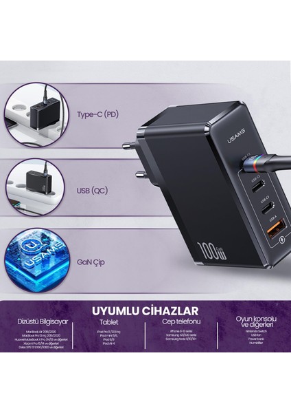 Usams US-CC163 T50 100W Qc+Pd 4 Port (3type-C+1usb) Gan Hızlı Şarj Başlığı-Siyah