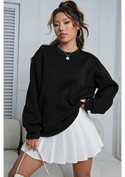 Kadın Siyah Basic 0 Sıfır Yaka Baskısız Düz Oversize Salaş Bol Kesim Sweatshirt10 modelleri