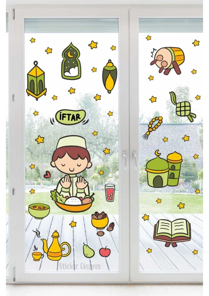 Sticker Ekspres Iftar Yapan Çocuk ve Ramazan Figürleri Cam Kapı Duvar Sticker Seti