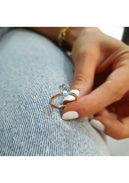 14K Altın Mavi Topaz Taşlı Yüzük
