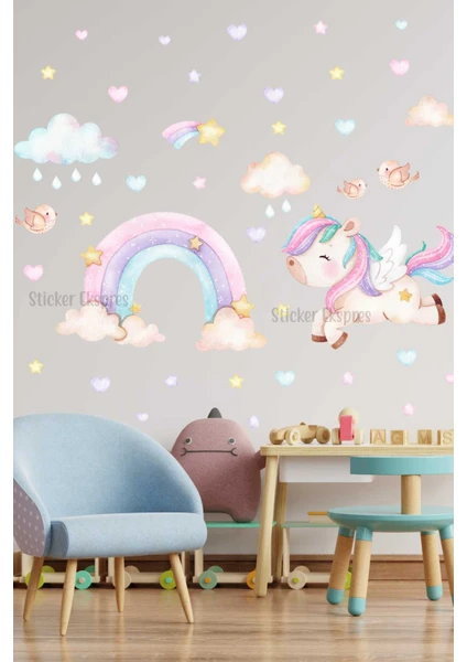 Sticker Ekspres Unicorn ve Gökkuşağı Set Çocuk Odası Duvar Sticker