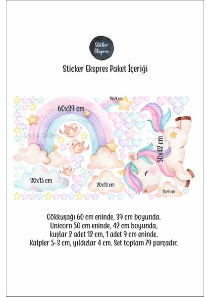 Sticker Ekspres Unicorn ve Gökkuşağı Set Çocuk Odası Duvar Sticker