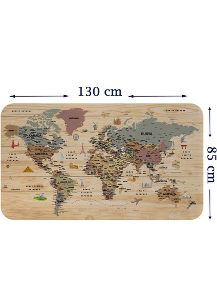 Doğaltercih Ahşap Görünümlü Türkçe Eğitici Detaylı Atlası Dekoratif Dünya Haritası Duvar Sticker 3844XL
