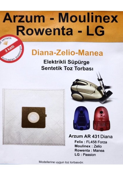20 Adet Arzum Ar 431 Diana 3 Kat Elyaf Elektrikli Süpürge Torbası Antialerjik Hijyen Sentetik Torba