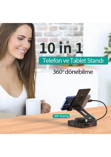 Apple Ipad Air 5 Nesil M1 Çipli 10,9 Uyumlu Dönüştürücü 10IN1 Hub 360 Dönen Standlı Hub