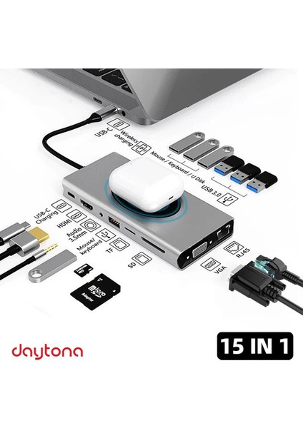 Apple Macbook 13.3' Air M1A2337 Çevirici Dönüştürücü 15IN1 Hub Çok Fonksiyonlu Hub