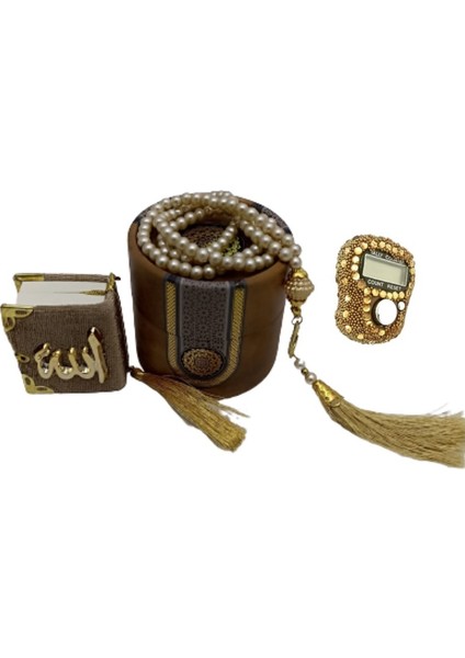 Mini Silindir Kutulu Mevlit Hediye Seti Gold (Mini Kuranı Kerim+Inci Tesbih 99+Taşlı Zikirmatik) fiyatları
