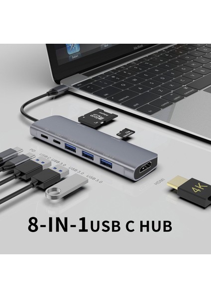 Apple Macbook 16.2' 2021 8in1 Type-C Hub 3*usb3.0+Hdmı+Pd+Usb-C+Sd+Tf Çok Fonksiyonlu Hub