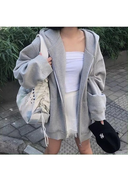 Gri Fermuarlı Kapüşonlu Unisex Oversize Hırka