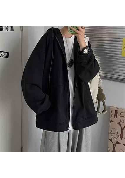 Düz Siyah Unisex Oversize (3 Iplik) Kalın Kışlık Içi Polarlı Hırka