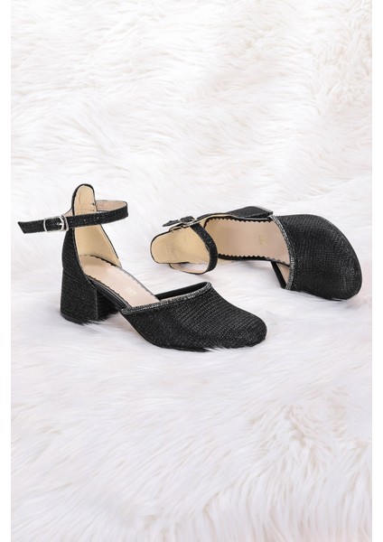 771 Çupra Taşlı Kız Çocuk 5 cm Topuklu Sandalet Ayakkabı Siyah