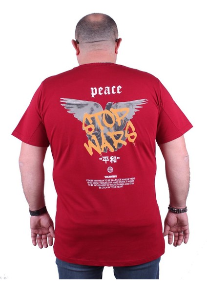 Mocgrande Büyük Beden Sıfır Yaka Tişört Peace 23100 Bordo