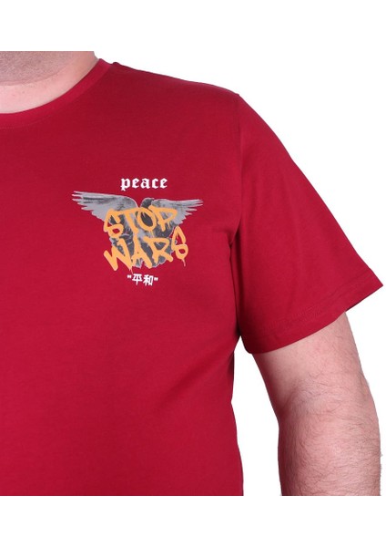 Mocgrande Büyük Beden Sıfır Yaka Tişört Peace 23100 Bordo