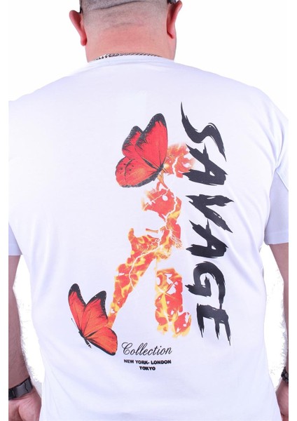 Mocgrande Büyük Beden Sıfır Yaka Tişört Savage 23101 Beyaz