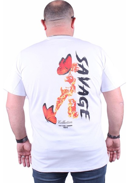 Mocgrande Büyük Beden Sıfır Yaka Tişört Savage 23101 Beyaz modelleri