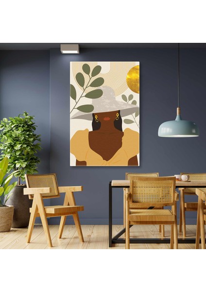 Kızıl Saçlı Kadın Gold Detaylı Boho İlüstrasyon Line Art Dikey Kanvas Tablo