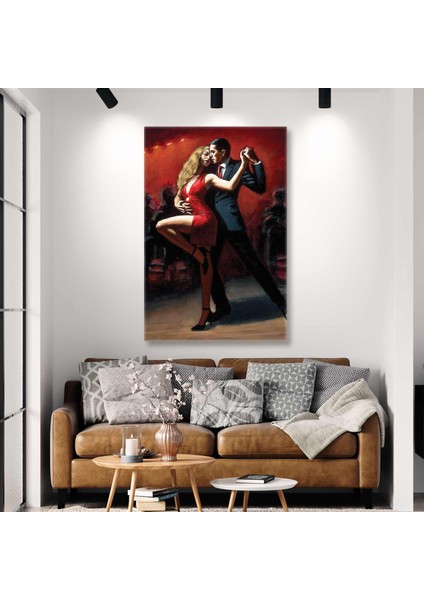Tango Yapan Çift Dans Okulu Kırmızı Elbiseli Dansçı Aşk Kanvas Tablo