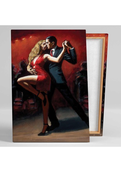 Tango Yapan Çift Dans Okulu Kırmızı Elbiseli Dansçı Aşk Kanvas Tablo