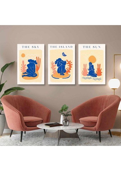 Boho Tasarım Yaz Sahil The Sun Ilüstrasyon Line Art Üçlü Kombin 3 Lü Set Kanvas Tablo