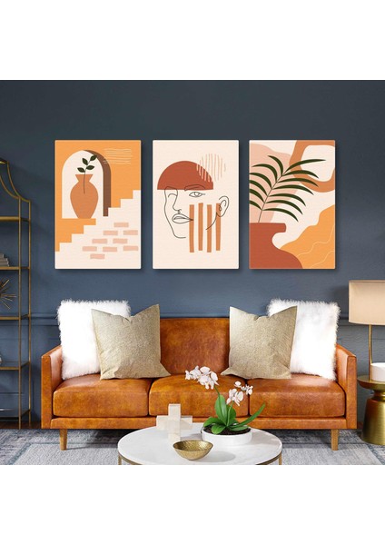 Çizgisel Insan Figürü Terazzo Rengi Boho Tasarım Üçlü Kombin 3 Lü Set Kanvas Tablo