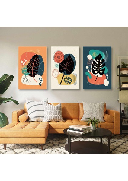 Yaprak Boho Tasarım Line Art Ilüstrasyon Üçlü Kombin 3 Lü Set Kanvas Tablo