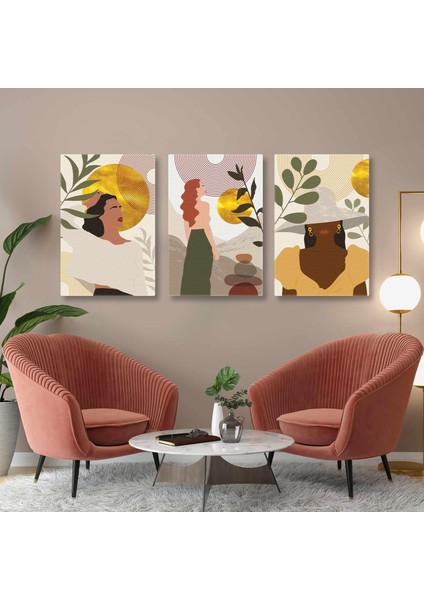 Gold Detaylı Boho Ilüstrasyon Line Art Üçlü Kombin 3 Lü Set Kanvas Tablo
