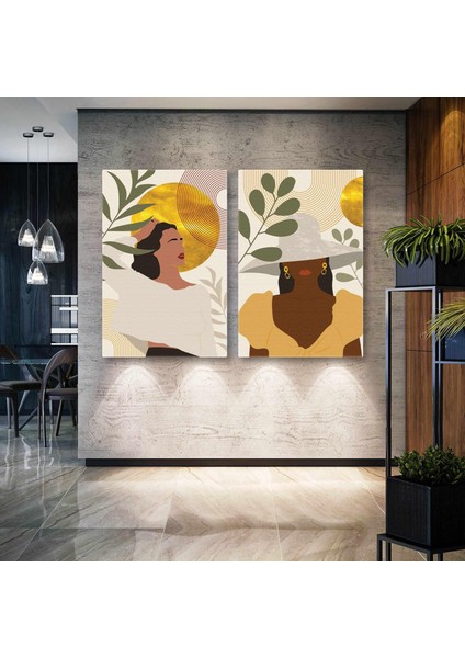 Gold Detaylı Boho Ilüstrasyon Line Art Ikili Kombin 2 Li Set Kanvas Tablo