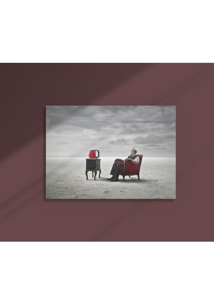 Hiçliğin Ortasında Tv Izleyen Adam Dekoratif Yatay Kanvas Tablo