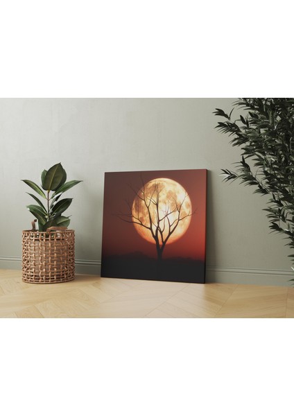 Ay Işığında Yaşlı Ağaç Silüeti Dekoratif Kare Kanvas Tablo